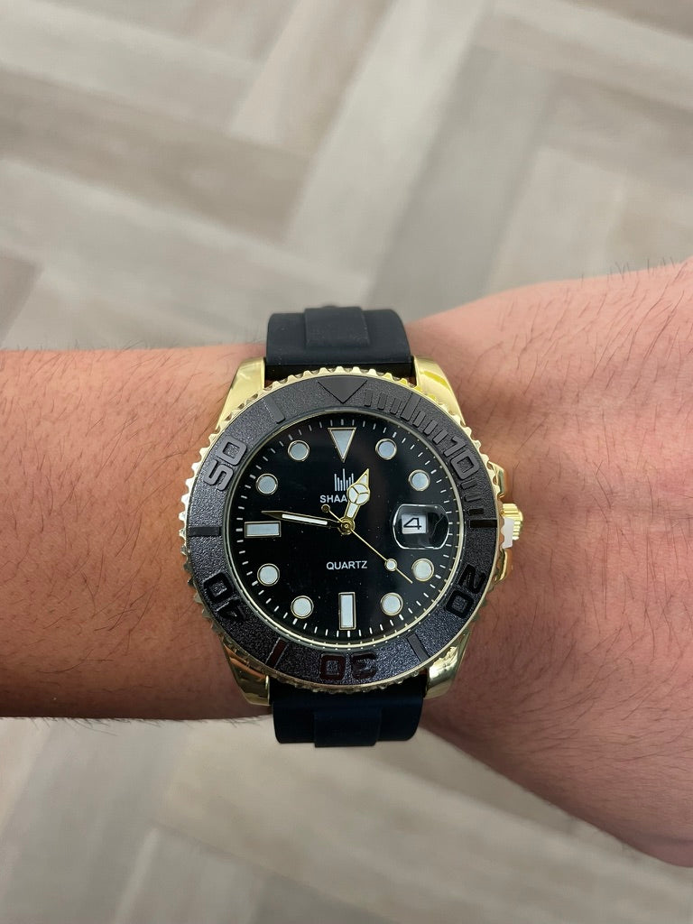 Men's Watch Classic Gold & Black – Luxury Quartz, Stainless Steel, Rubber Strap
