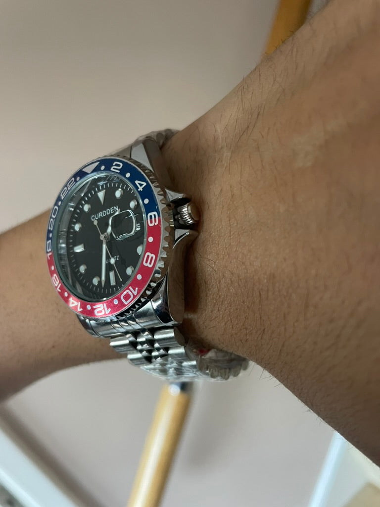 Men's Silver Watch – Black Dial, Blue & Red Bezel, Jubilee Strap