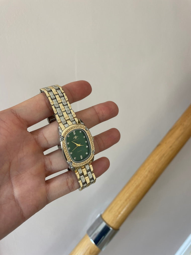 Luxury Green Dial Gold & Silver Women's Watch – Elegant Crystal Accent Quartz Timepiece