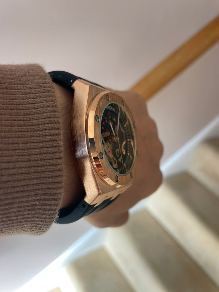 Luxury Skeleton Mens Watch Rose Gold & Black – Automatic Movement, Premium Design