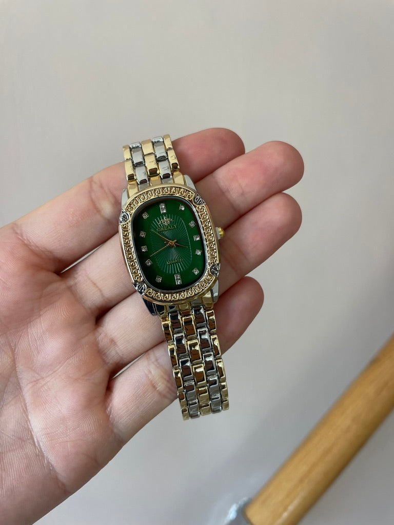 Luxury Green Dial Gold & Silver Women's Watch – Elegant Crystal Accent Quartz Timepiece