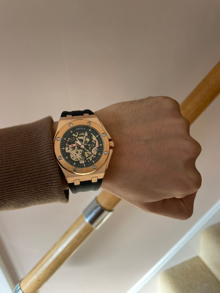 Luxury Skeleton Mens Watch Rose Gold & Black – Automatic Movement, Premium Design