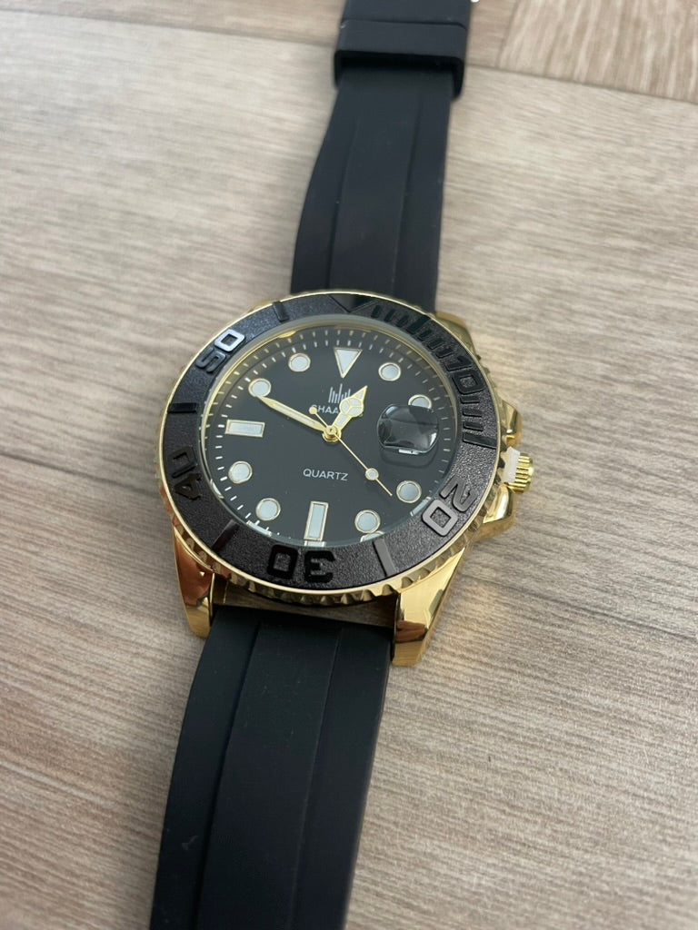 Men's Watch Classic Gold & Black – Luxury Quartz, Stainless Steel, Rubber Strap