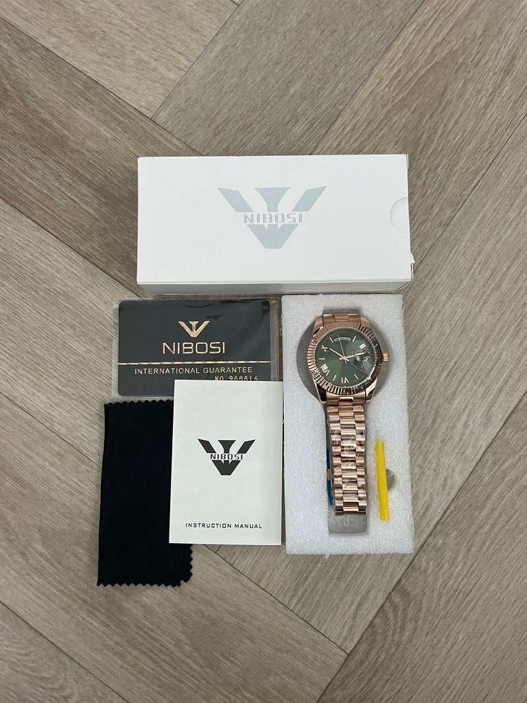 Men's Rose Gold Day Date Watch Quartz with Green Dial
