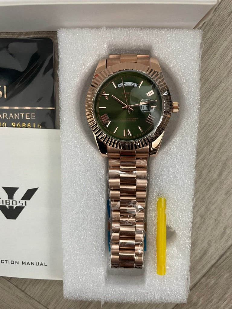 Men's Rose Gold Day Date Watch Quartz with Green Dial