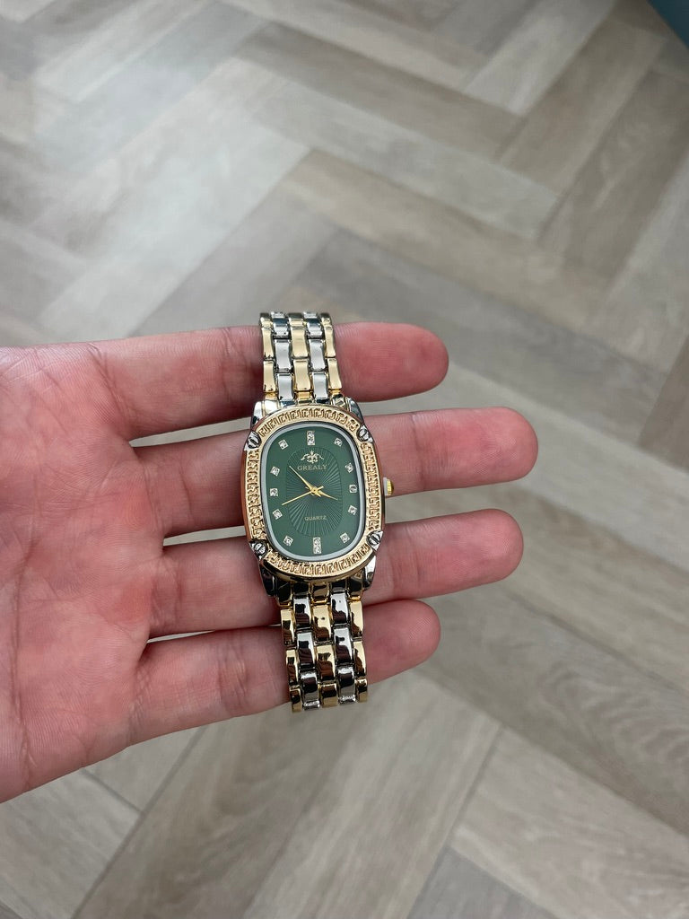 Luxury Green Dial Gold & Silver Women's Watch – Elegant Crystal Accent Quartz Timepiece