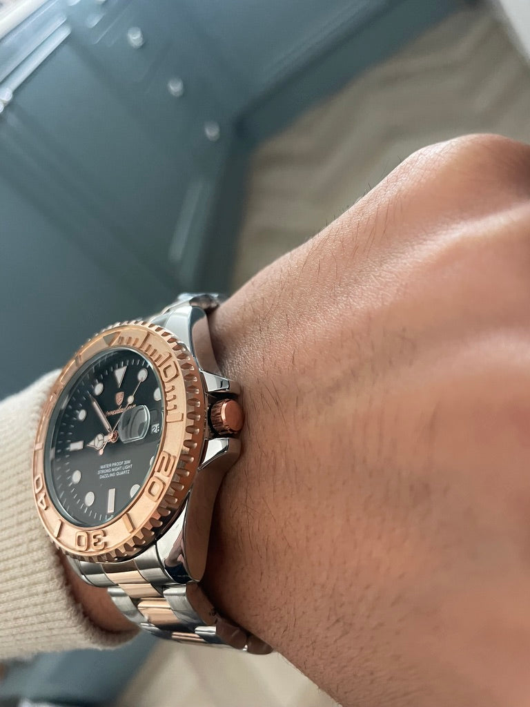 Men Watch Rose Gold submarine Date Quartz with Black Dial and Waterproof luxury