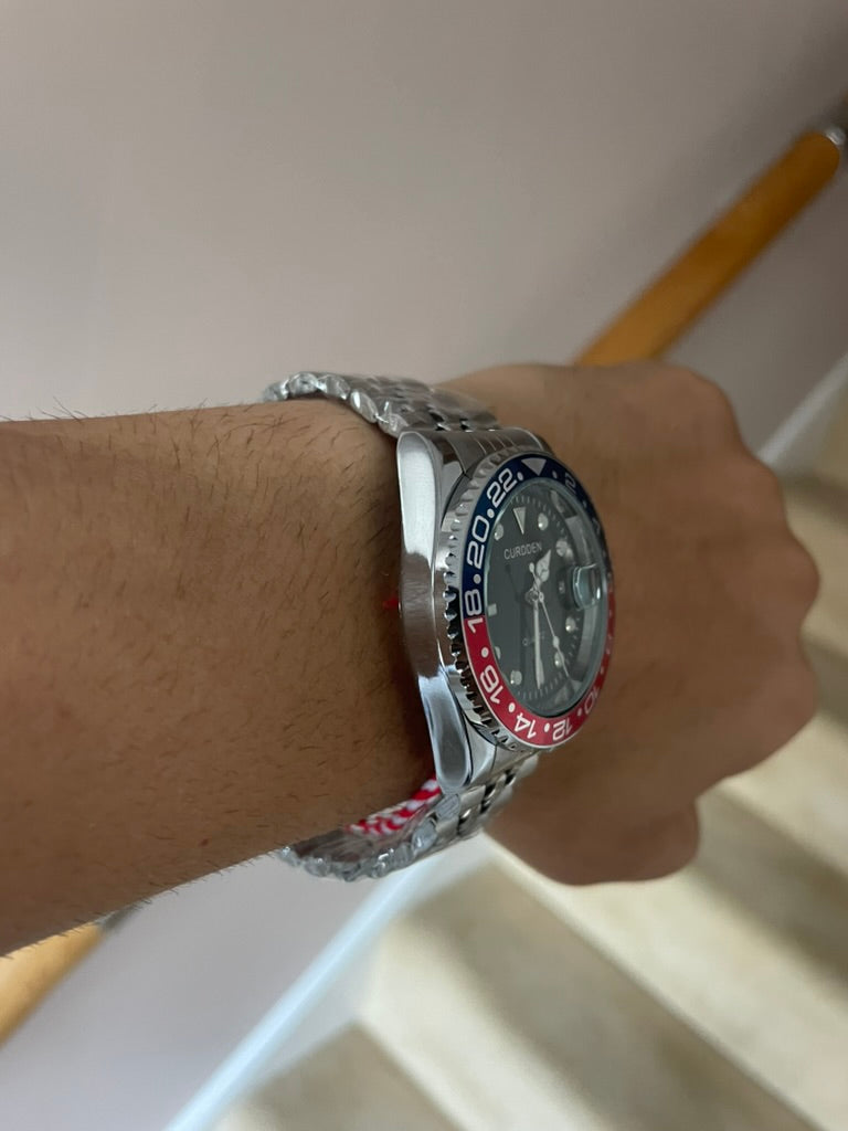 Men's Silver Watch – Black Dial, Blue & Red Bezel, Jubilee Strap