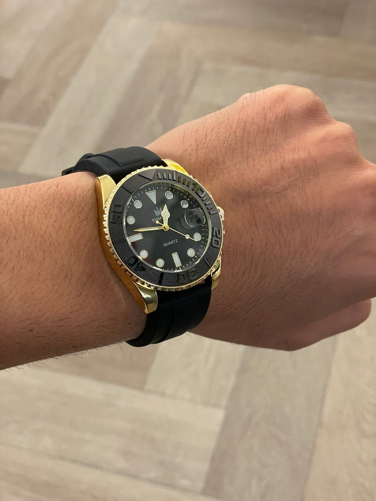 Men's Watch Classic Gold & Black – Luxury Quartz, Stainless Steel, Rubber Strap