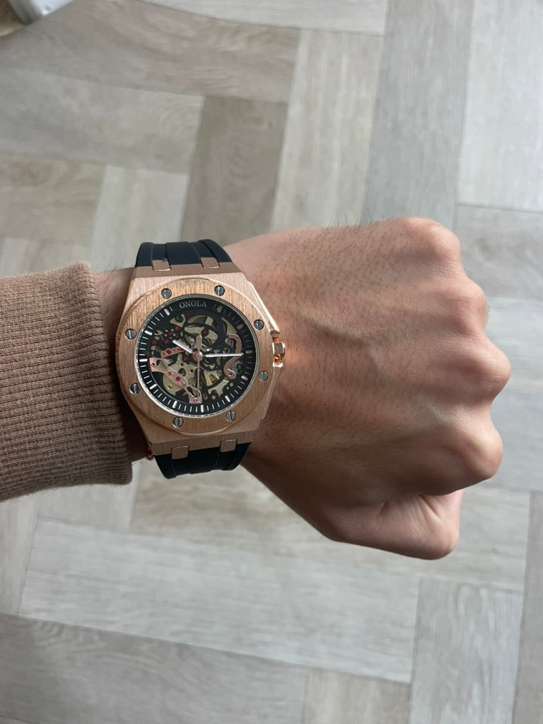 Luxury Skeleton Mens Watch Rose Gold & Black – Automatic Movement, Premium Design
