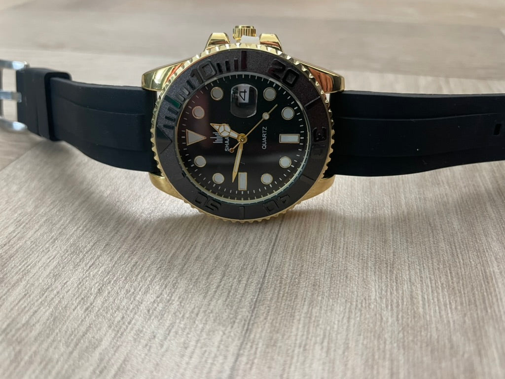 Men's Watch Classic Gold & Black – Luxury Quartz, Stainless Steel, Rubber Strap