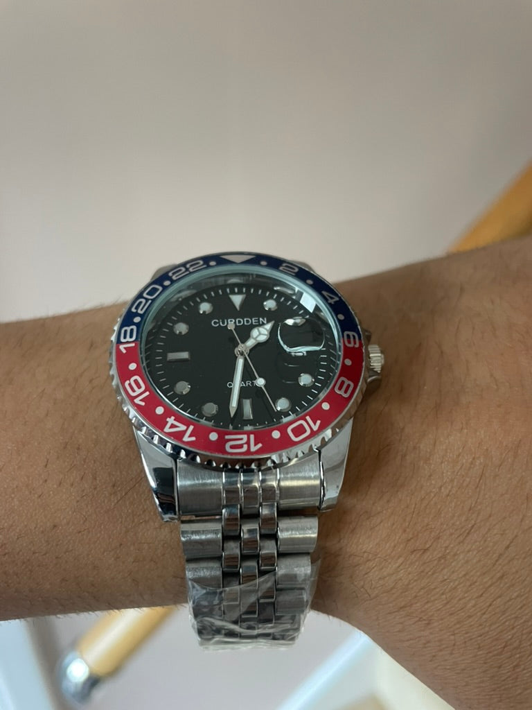Men's Silver Watch – Black Dial, Blue & Red Bezel, Jubilee Strap