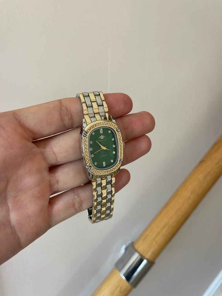 Luxury Green Dial Gold & Silver Women's Watch – Elegant Crystal Accent Quartz Timepiece
