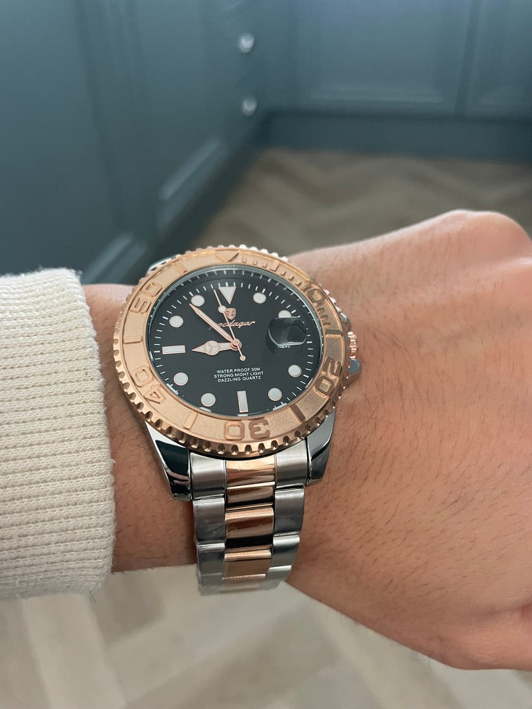 Men Watch Rose Gold submarine Date Quartz with Black Dial and Waterproof luxury
