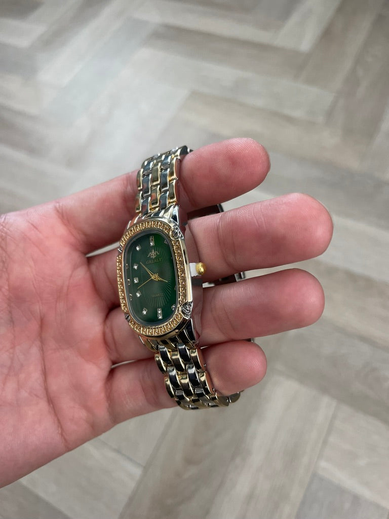 Luxury Green Dial Gold & Silver Women's Watch – Elegant Crystal Accent Quartz Timepiece