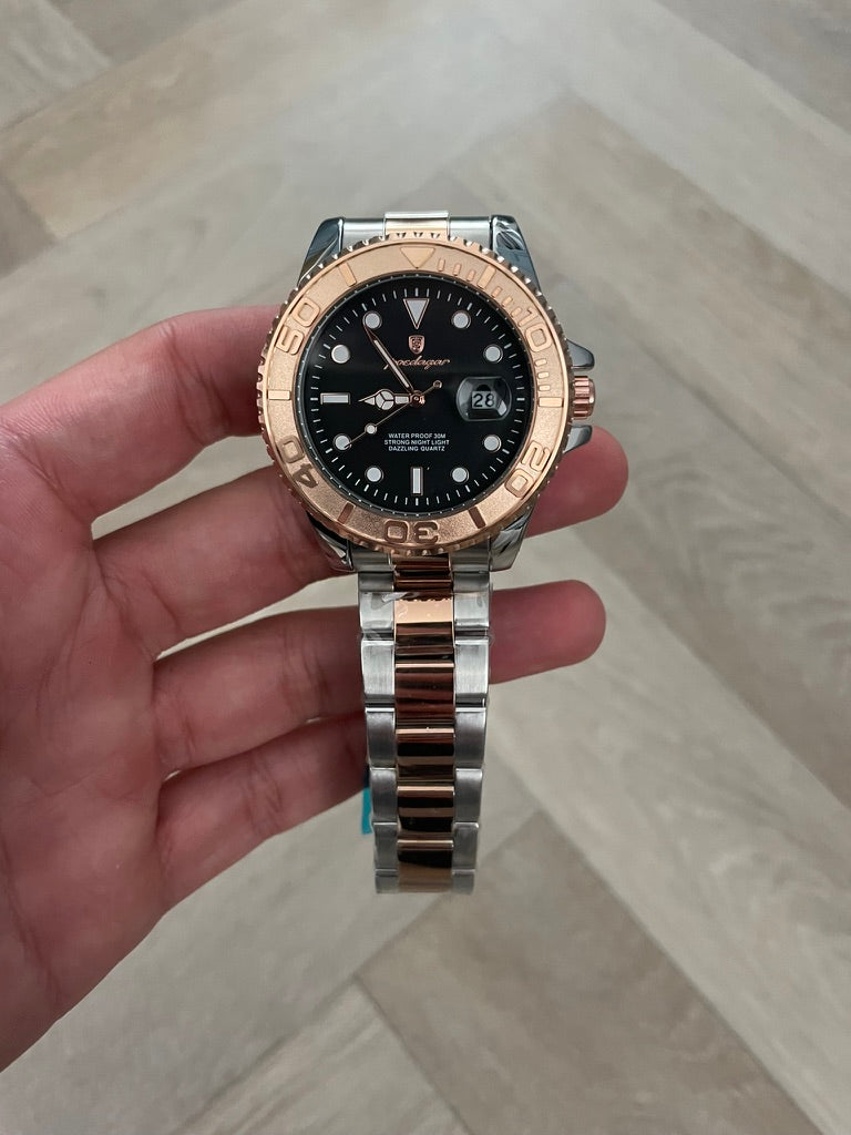 Men Watch Rose Gold submarine Date Quartz with Black Dial and Waterproof luxury