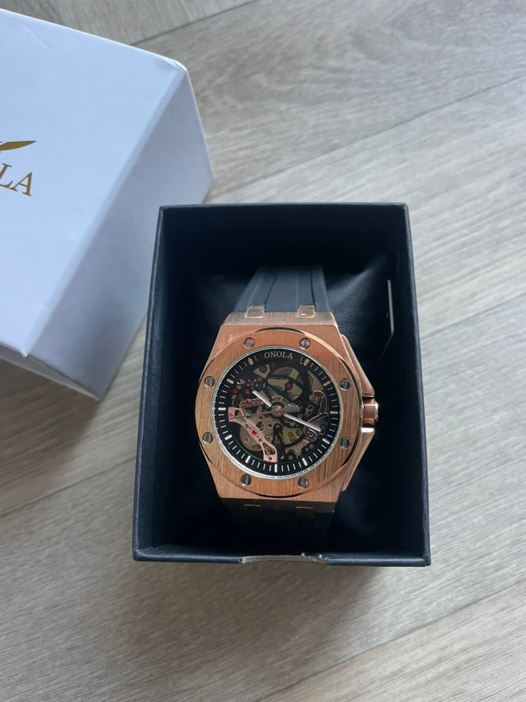 Luxury Skeleton Mens Watch Rose Gold & Black – Automatic Movement, Premium Design