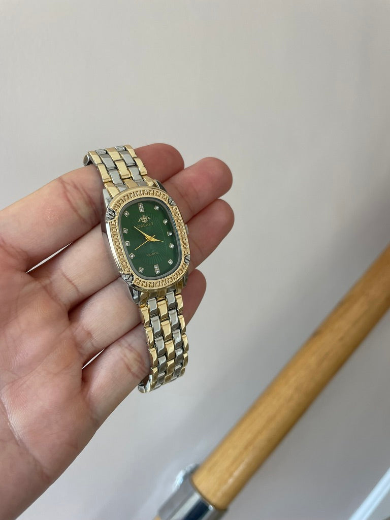 Luxury Green Dial Gold & Silver Women's Watch – Elegant Crystal Accent Quartz Timepiece