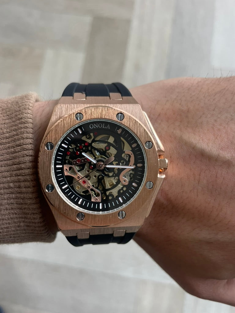 Luxury Skeleton Mens Watch Rose Gold & Black – Automatic Movement, Premium Design