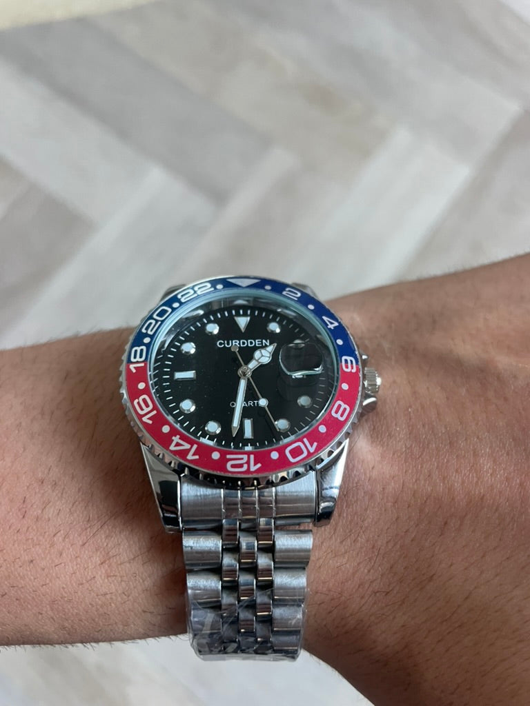 Men's Silver Watch – Black Dial, Blue & Red Bezel, Jubilee Strap