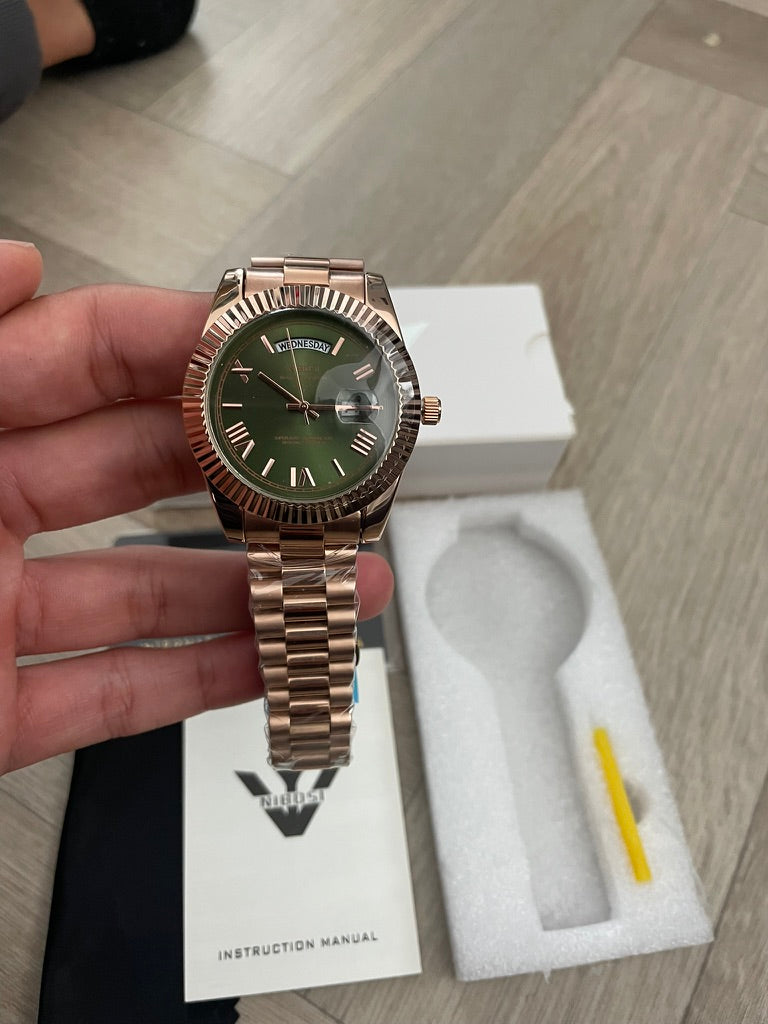Men's Rose Gold Day Date Watch Quartz with Green Dial