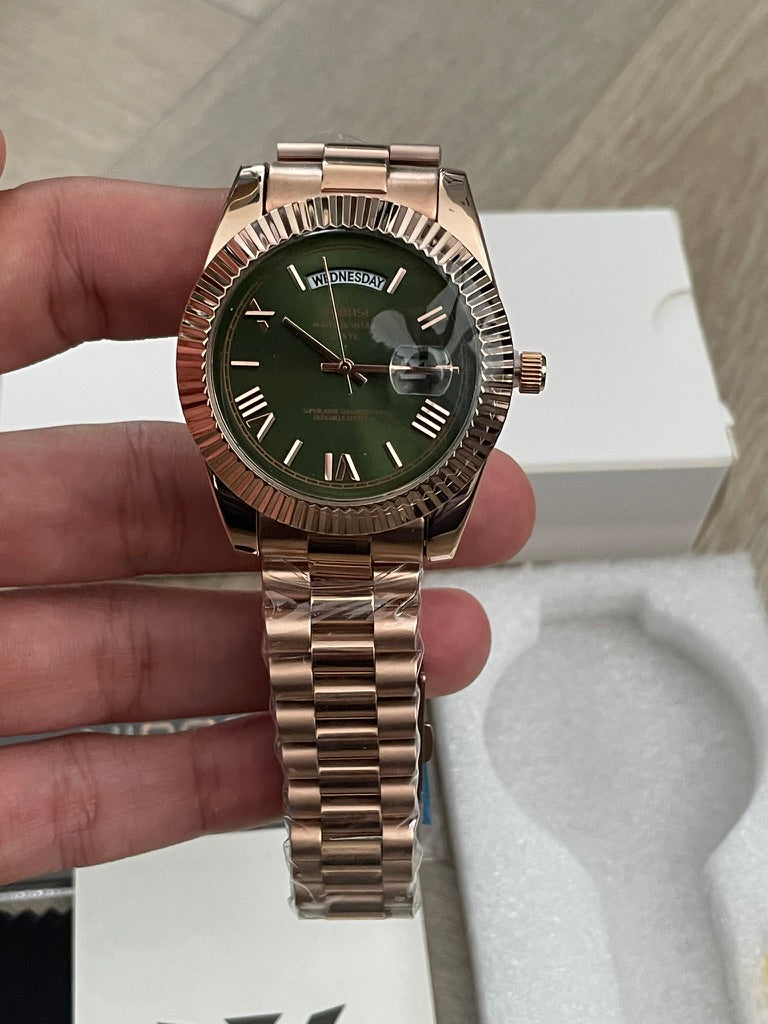 Men's Rose Gold Day Date Watch Quartz with Green Dial