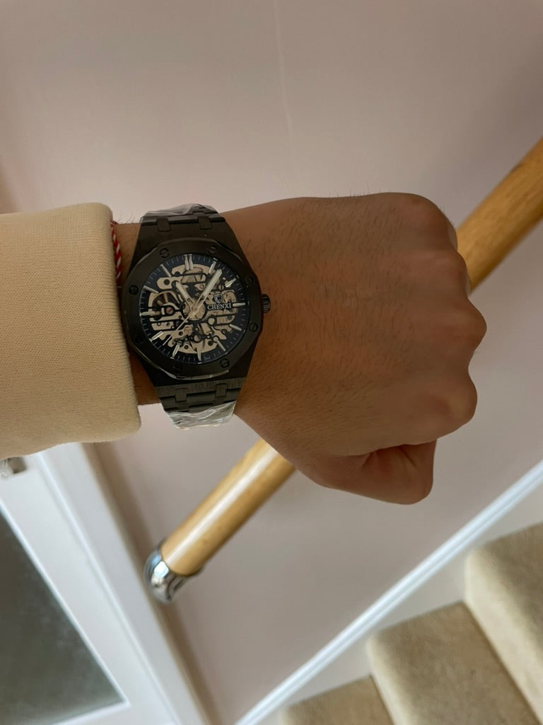 Men's Black Luxury Skeleton Automatic Watch - Waterproof Stainless Steel AP Style