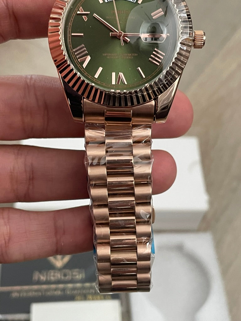 Men's Rose Gold Day Date Watch Quartz with Green Dial