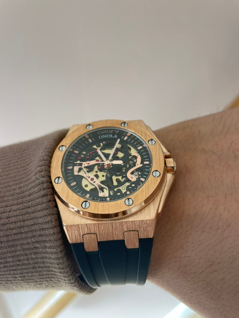 Luxury Skeleton Mens Watch Rose Gold & Black – Automatic Movement, Premium Design