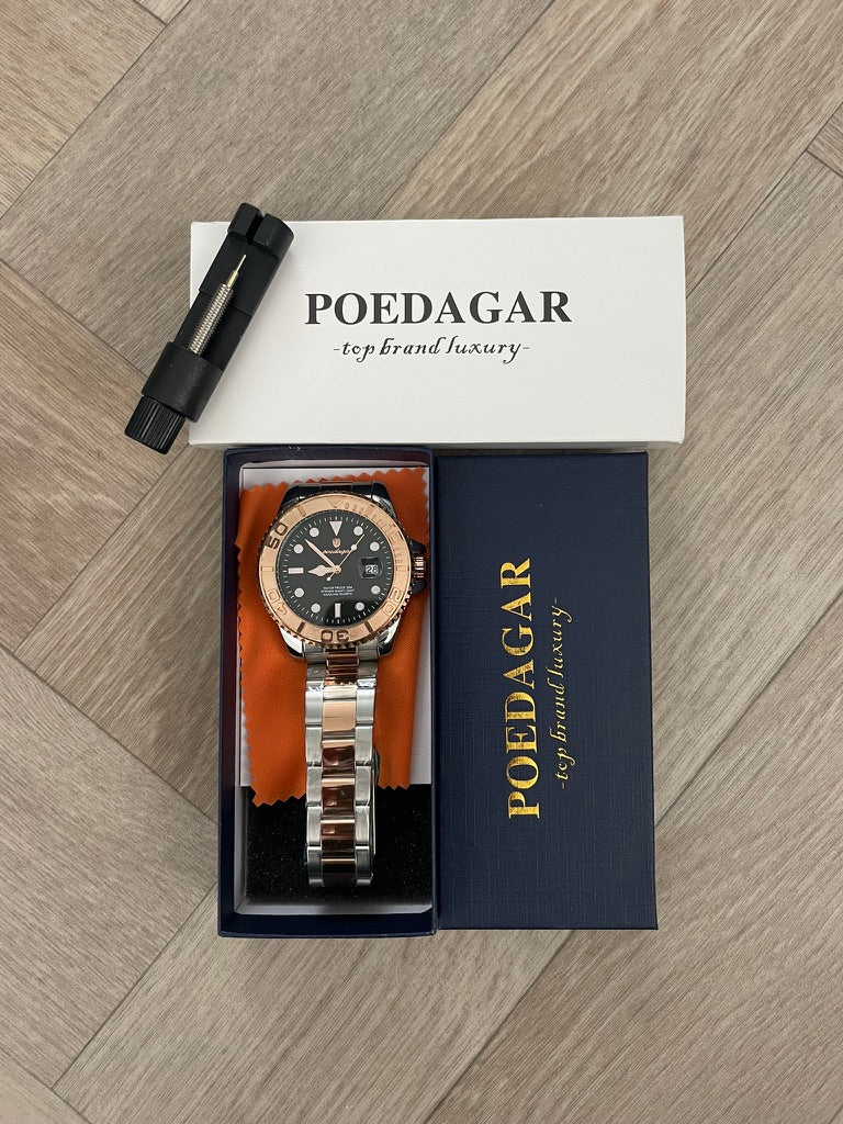 Men Watch Rose Gold submarine Date Quartz with Black Dial and Waterproof luxury