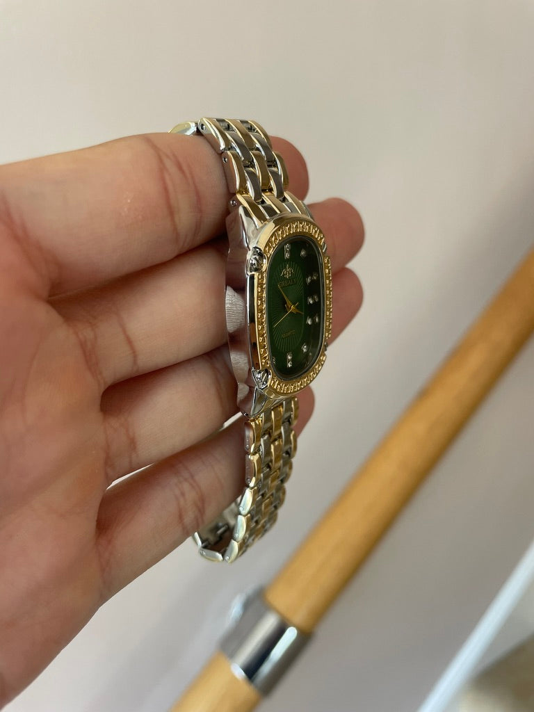 Luxury Green Dial Gold & Silver Women's Watch – Elegant Crystal Accent Quartz Timepiece