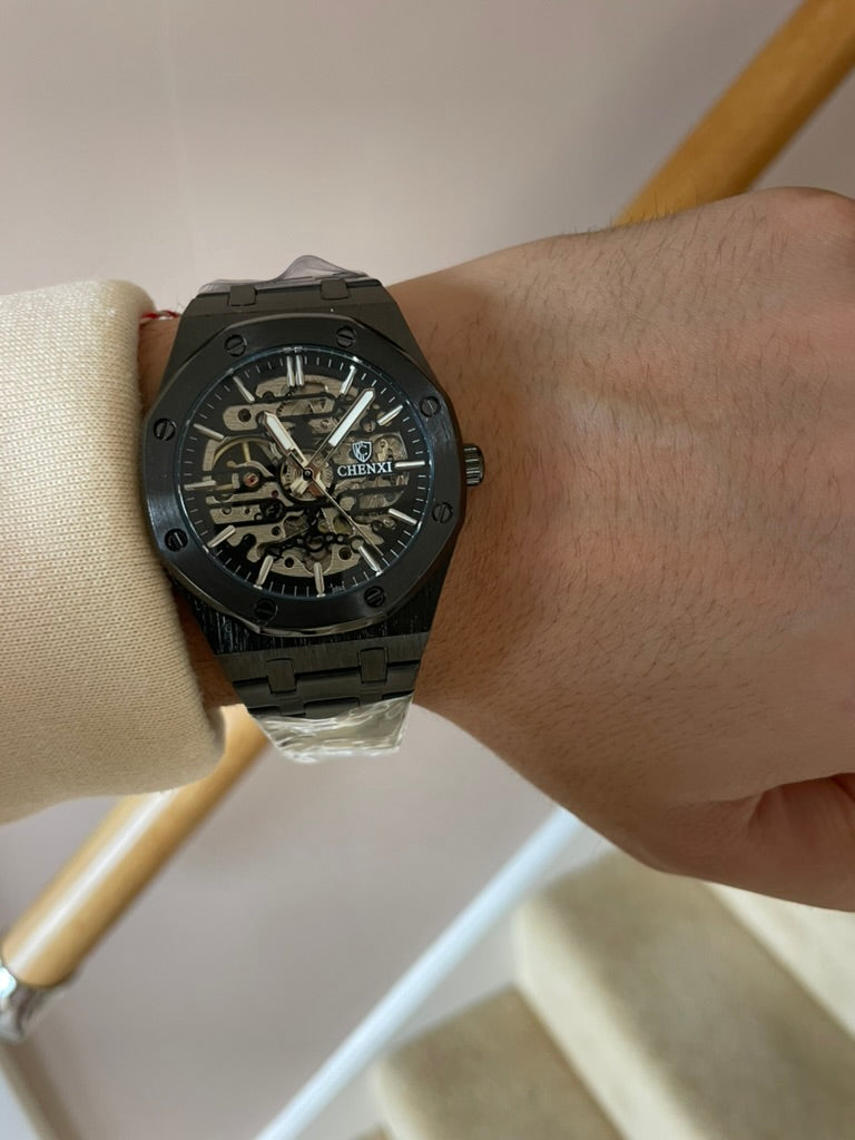 Men's Black Luxury Skeleton Automatic Watch - Waterproof Stainless Steel AP Style