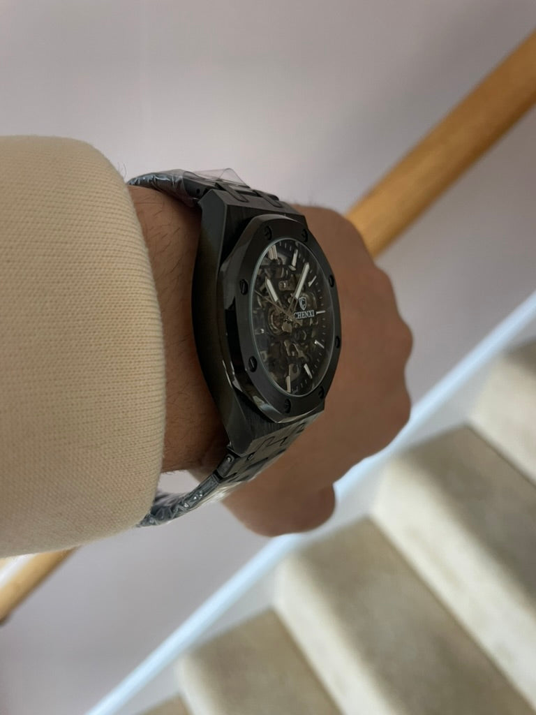 Men's Black Luxury Skeleton Automatic Watch - Waterproof Stainless Steel AP Style