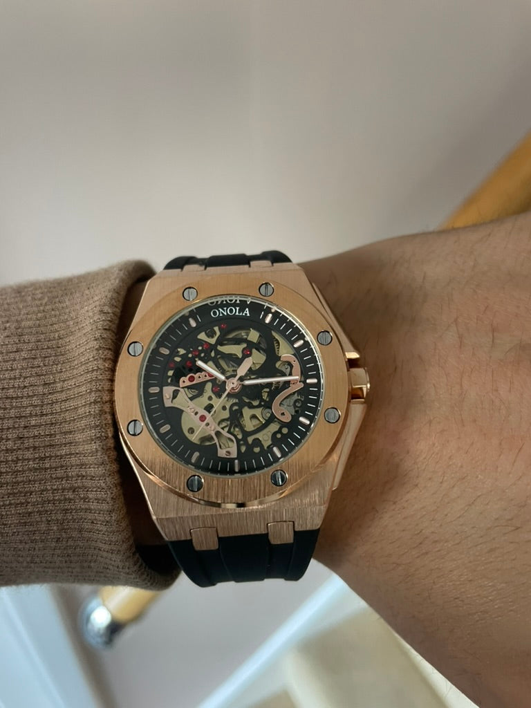 Luxury Skeleton Mens Watch Rose Gold & Black – Automatic Movement, Premium Design
