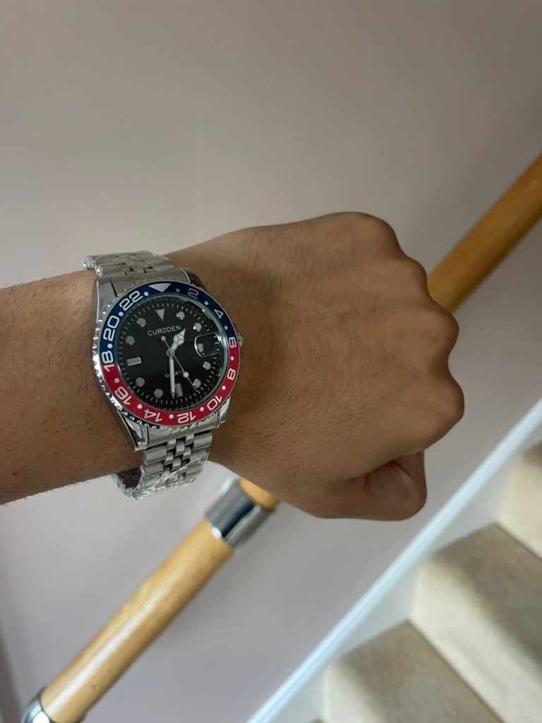 Men's Silver Watch – Black Dial, Blue & Red Bezel, Jubilee Strap
