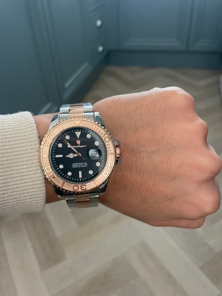 Men Watch Rose Gold submarine Date Quartz with Black Dial and Waterproof luxury