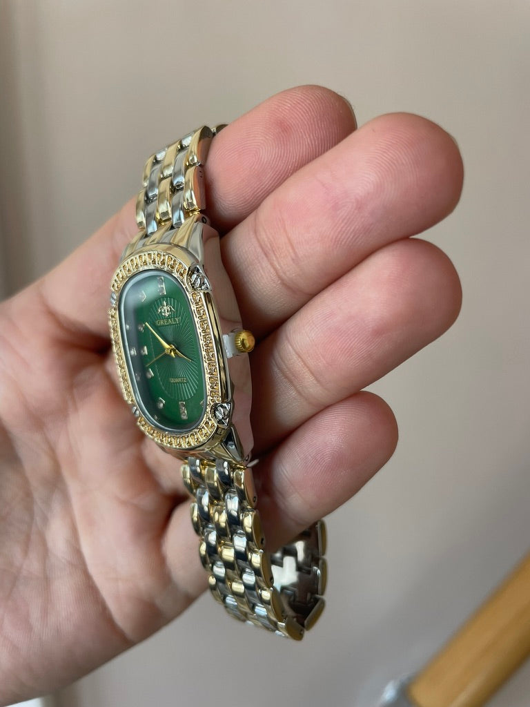 Luxury Green Dial Gold & Silver Women's Watch – Elegant Crystal Accent Quartz Timepiece
