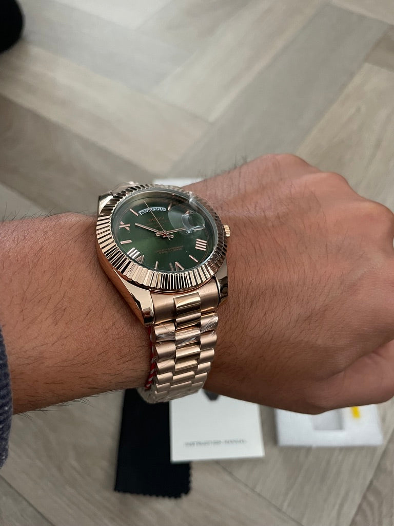Men's Rose Gold Day Date Watch Quartz with Green Dial