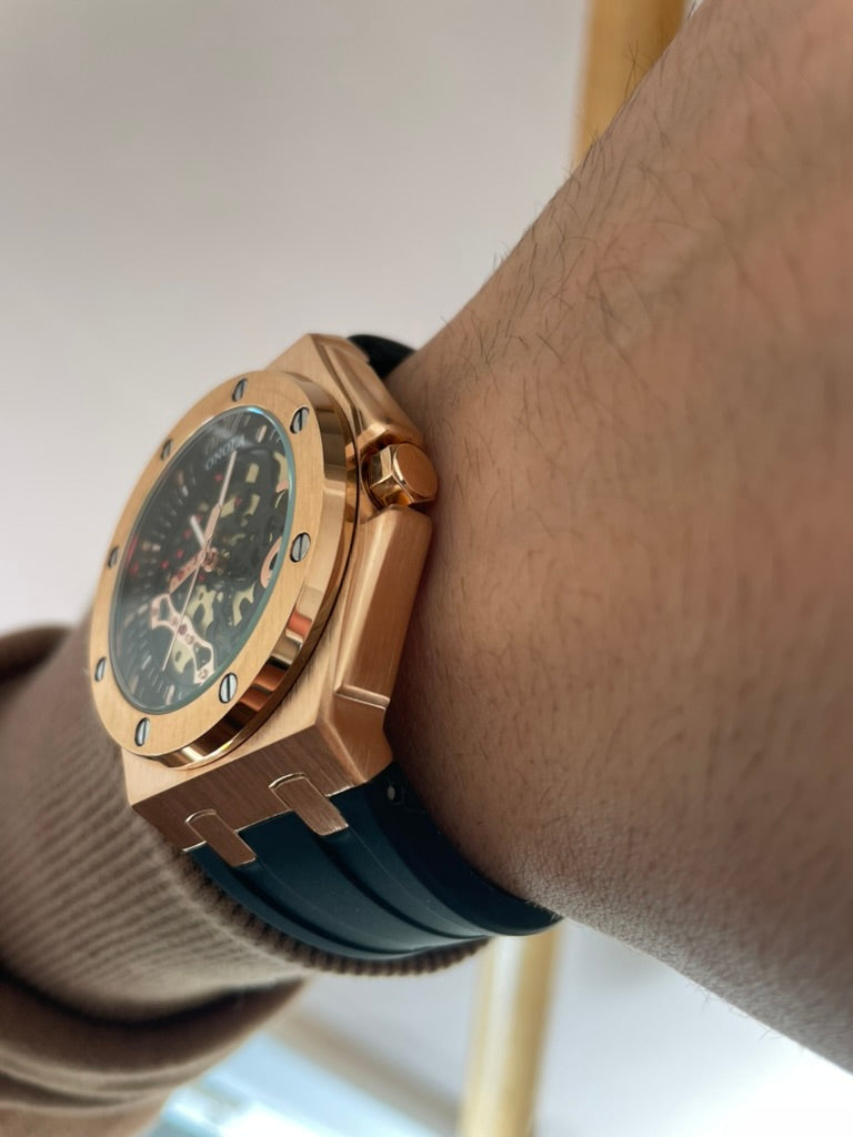 Luxury Skeleton Mens Watch Rose Gold & Black – Automatic Movement, Premium Design