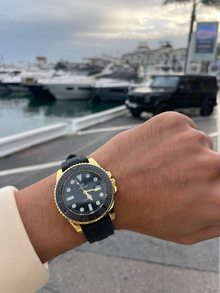 Men's Watch Classic Gold & Black – Luxury Quartz, Stainless Steel, Rubber Strap