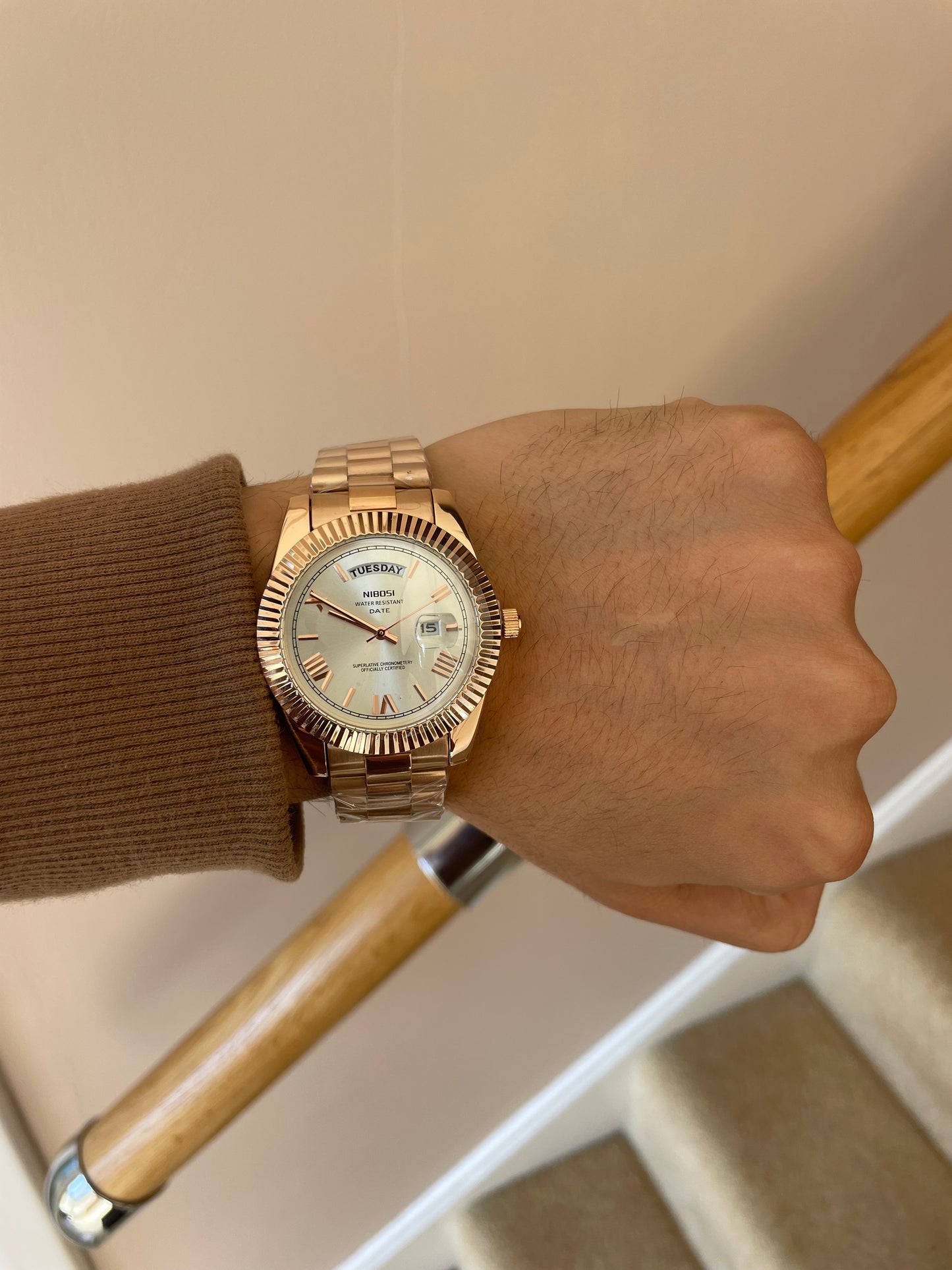 Men's Rose Gold Day Date Watch Quartz with White Dial