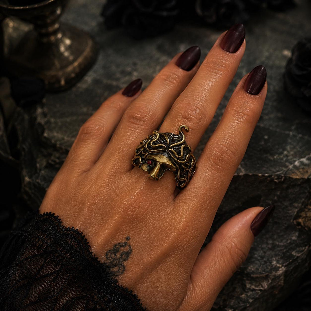 Medusa Head Ring for Women, Greek Mythology Stainless Steel Ring, Gothic Punk Statement Jewellery, Rustic Gold Gift for Her