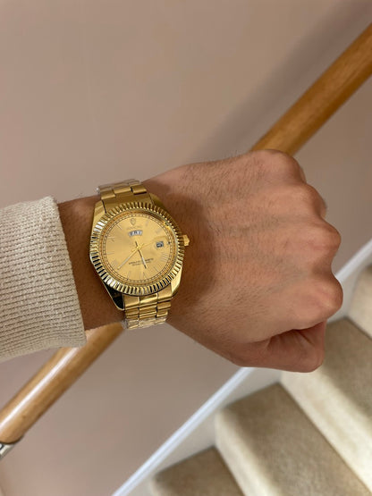 Men luxury watch with gold jubilee bracelet and gold dial