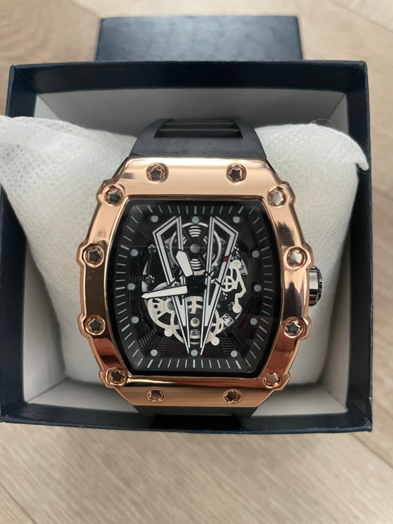 Luxury Rose Gold Tonneau Watch – Stainless Steel, Luminous & Sporty