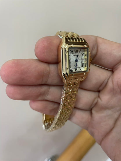 Women's Gold Rectangle Watch – White Dial, Stainless Steel Strap, Elegant Quartz Design