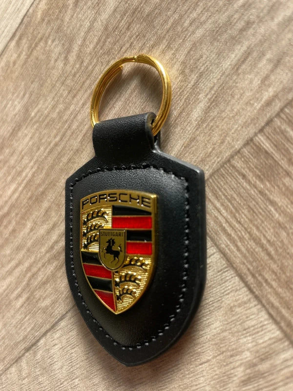 Porsche Leather Keyring – Black Crested Key Ring for Porsche 911, Panamera, Cayenne, Taycan, Macan, Carrera GT, 718, 928, 944, 968