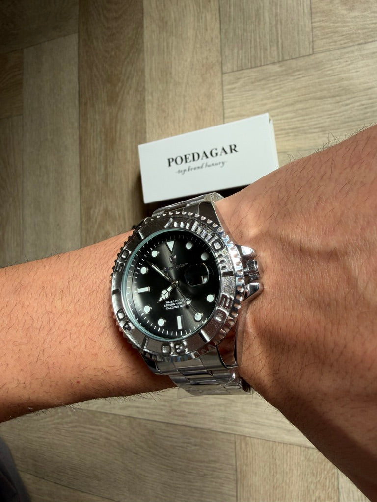 Men Watch Silver submarine Date Quartz with Black Dial and Waterproof luxury