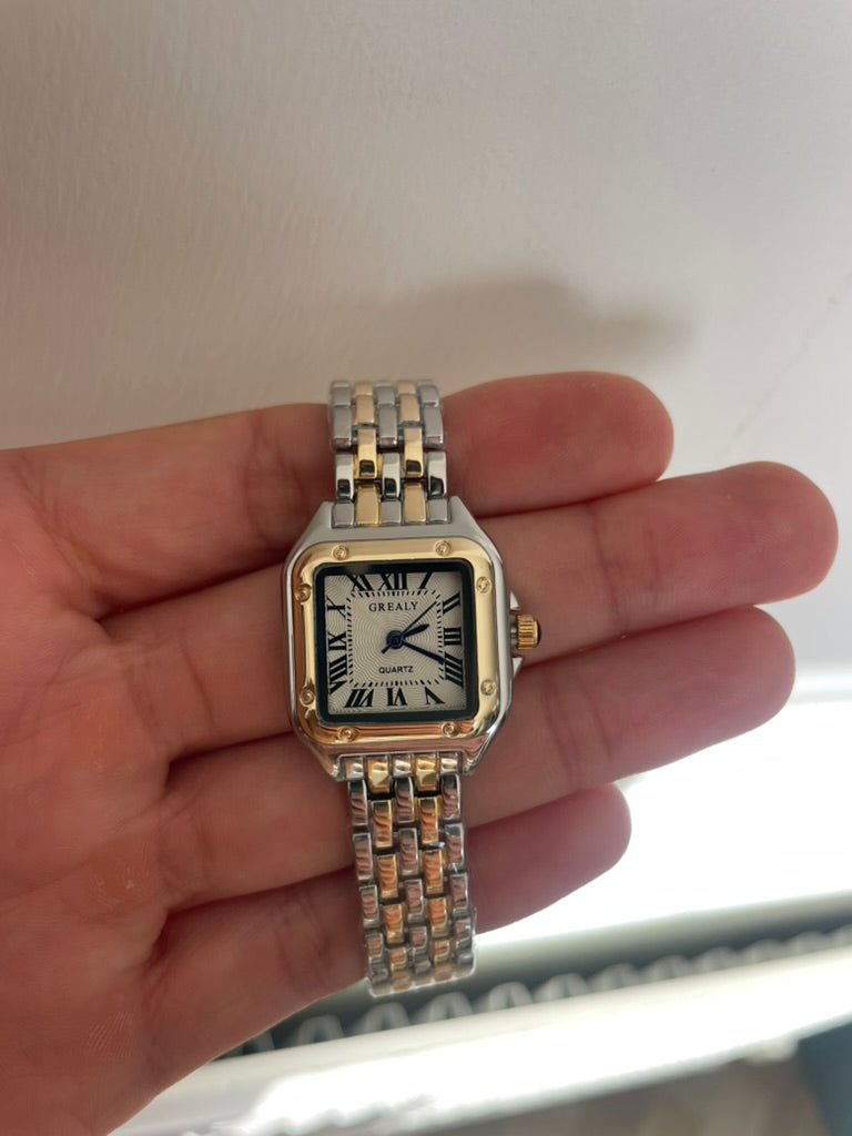 Women's Silver and Gold Rectangle Watch – White Dial, Stainless Steel Strap, Elegant Quartz Design