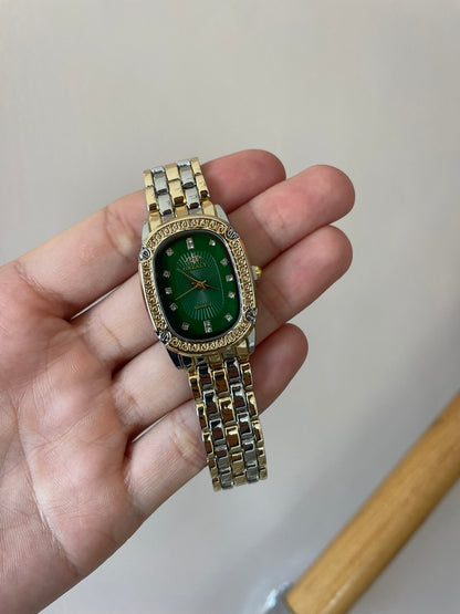 Luxury Green Dial Gold & Silver Women's Watch – Elegant Crystal Accent Quartz Timepiece