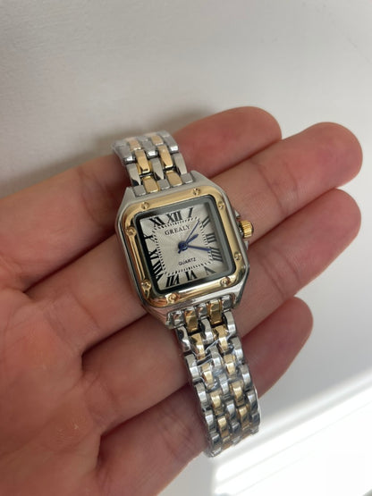 Women's Silver and Gold Rectangle Watch – White Dial, Stainless Steel Strap, Elegant Quartz Design